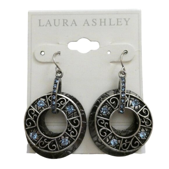 LAURA ASHLEY double circle dangle earrings w blue rhinestones NWT - Picture 1 of 5